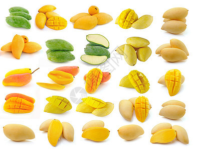 在白色背景上隔离的芒果黄色营养热带水果绿色食物红色图片