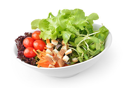 以白色背景隔离的沙拉色拉盘绿色水果胡椒盘子美食叶子红色早餐食物饮食图片