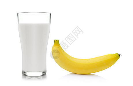 白底加香蕉的牛奶杯 含香蕉饮食营养牛奶玻璃黄色水果奶昔果汁白色食物图片