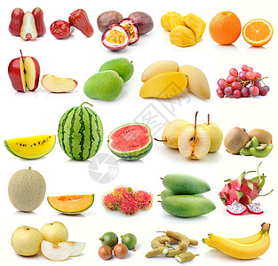白色背景的一组水果奇异果绿色坚果叶子食物橙子菠萝蜜收藏香蕉橘子图片