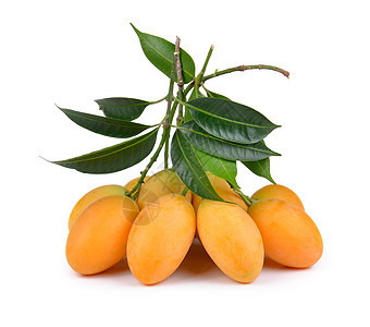 甜美的马莲梅花塔伊水果 在白后腹骨上被孤立热带橙子食物情调黄色叶子异国气候白色绿色图片