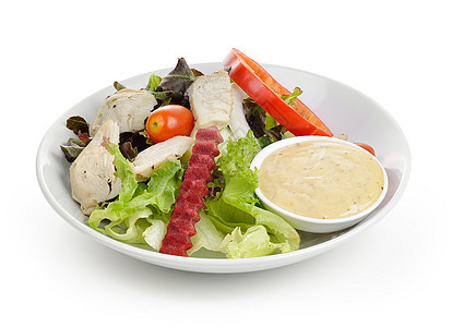 白色背景上孤立的新鲜蔬菜沙拉盘子胡椒叶子午餐小吃营养早餐绿色食物红色图片