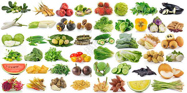 白色背景的水果和蔬菜组西瓜茄子萝卜食物木槿芋头芹菜喇叭花坚果图片