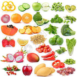 白色背景的水果和蔬菜组柿子黄瓜茄子香菜坚果咖啡木瓜黄豆橙子洋葱图片