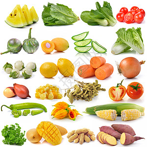 白色背景的水果和蔬菜组洋葱辣椒坚果茄子玉米柠檬花生香菜西瓜食物图片