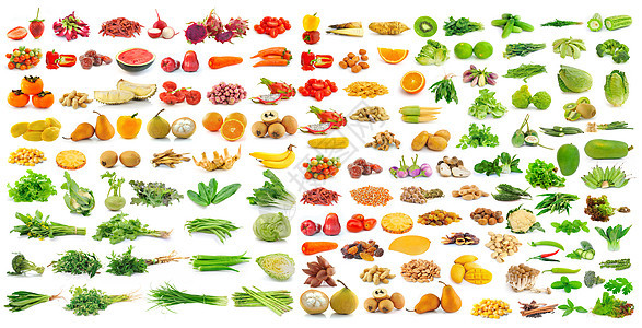白背景的水果和蔬菜芹菜香菜柠檬荔枝食物土豆松露胡椒玉米菜花图片