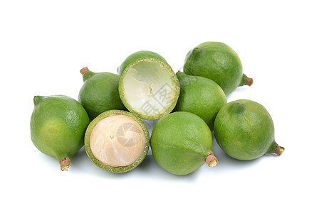 白色背景上新鲜的坚果叶子绿色团体营养栽培棕色果园热带水果情调图片