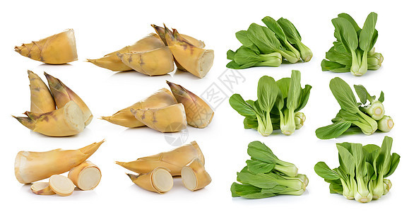 Bok Choy 蔬菜和竹子在白色背景上拍摄图片