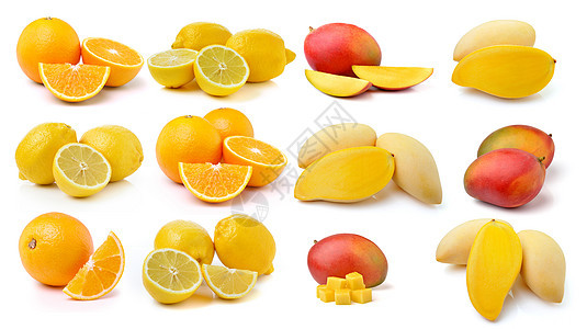 白底隔离的新鲜柠檬 橙子水果和芒果图片