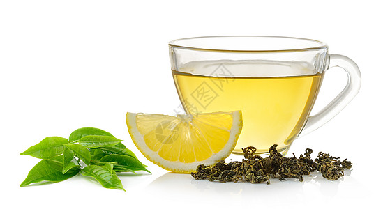 白色背景的柠檬茶杯叶子绿色饮料草本植物草本植物玻璃杯子图片