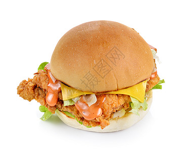 鸡肉汉堡带鸡肉和奶酪的汉堡包 在白背面黑锅上面包小吃午餐白色食物包子美食背景