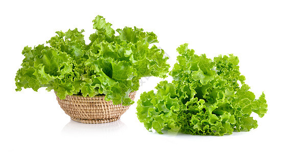 篮子中新鲜绿色生菜 以白色背景隔离营养食物叶子植物沙拉多叶蔬菜树叶图片