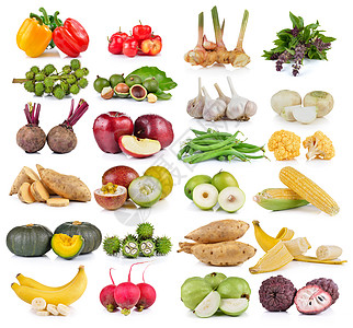白背景的水果和蔬菜小萝卜坚果香蕉胡椒白萝卜黄色玉米图片