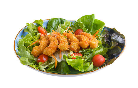 白色背景的炸虾沙拉健康餐厅绿色午餐小吃沙拉海鲜盘子食物美食图片