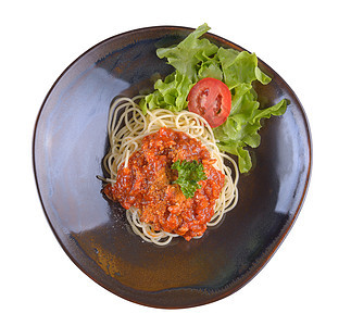 白底盘上加番茄酱的意大利面条营养美食食物餐厅白色肉丸草本植物蔬菜午餐盘子图片
