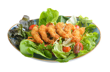 白色背景的炸虾沙拉食物蔬菜海鲜餐厅美食小吃健康绿色沙拉盘子图片
