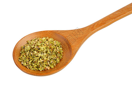 白色背景的木勺中干燥的红菜勺子草药智者食物香料木头草本植物烹饪味道绿色图片