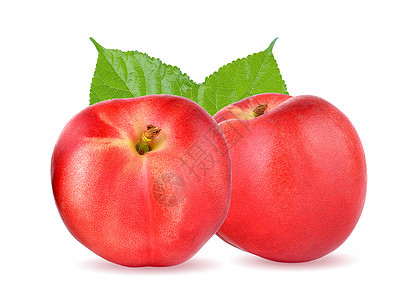 白色背景的桃子叶子食物油桃黄色红色水果工作室图片