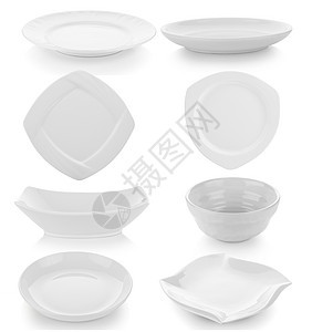 白色背景的板板和碗盘制品餐厅圆形餐具烹饪圆圈陶瓷食物桌子空白背景图片