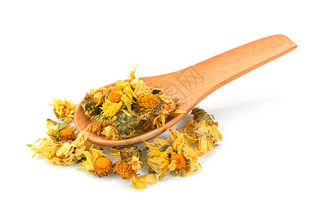 用木勺制成的干菊花白色香味花朵食物植物学草本植物传统药品黄色花瓣图片