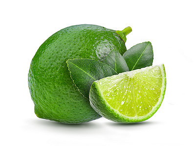白色背景上叶叶子的新鲜石灰青柠工作室水果宏观团体热带柠檬绿色食物图片