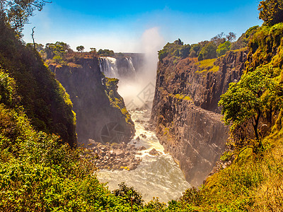 赞比西河上的维多利亚瀑布 旱季 津巴布韦与赞比亚之间边界 非洲天空公园悬崖旅行晴天国家瀑布白内障石头热带图片