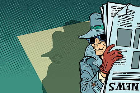 戴着帽子和太阳镜的间谍侦探报纸图片