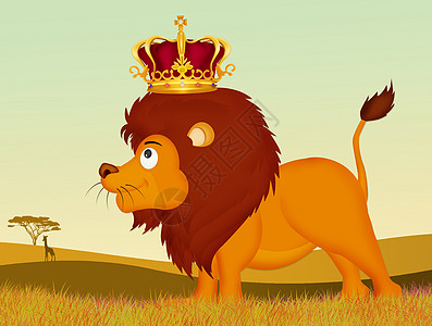带有王冠的狮子森林日落荒野插图国王哺乳动物动物鬃毛吉祥物丛林图片