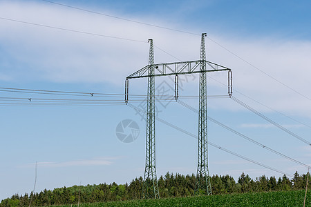 蓝色天空高压电线工业变压器力量电缆电压线条电力电气环境工程图片