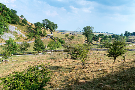 约克郡戴尔市Malham Cove附近乡村的景象天空岩石山谷树木石头公园蓝色英语王国国家图片