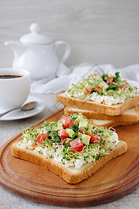 早餐吃三明治小菜食物叶子蔬菜咖啡午餐自然疗法豆芽糖尿病图片