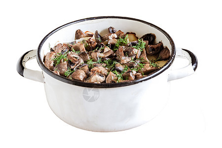 配有土豆 蘑菇和肉类的白色旧白以电子名称命名的锅辣椒台面香菜烹饪盘子桌子食物炖肉厨房食谱图片