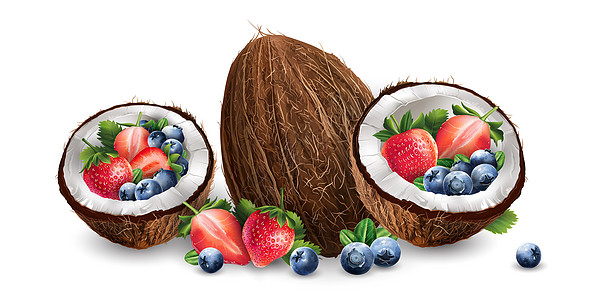 椰子 蓝莓和草莓甜点浆果标签徽章水果叶子收成插图食物包装图片