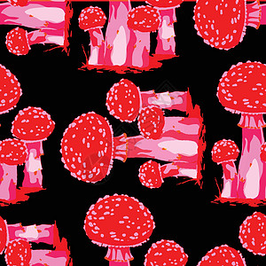 危险的红蘑菇在黑色背景上喷发着迷彩 矢量无缝模式用于设计和纺织品图片