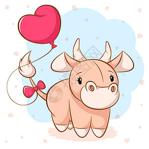 带粉色气球的卡通可爱奶牛图片
