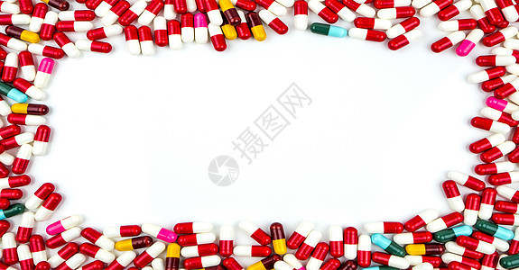 五颜六色的抗生素胶囊药丸矩形框架在白色背景与复制空间 耐药性概念 抗生素用药具有合理的全球保健理念 药学背景蓝色抗菌剂工作室处方图片