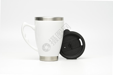 白色背景的热瓶 带复制空间 添加您自己的文本咖啡陶瓷塑料真空制品温度包装设计黑色杯子旅行图片