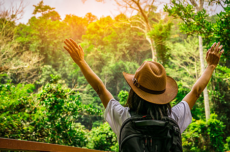 带着帽子和背包站着的快乐女游客在热带森林里举起手来 年轻旅行者享受美丽的风景图片