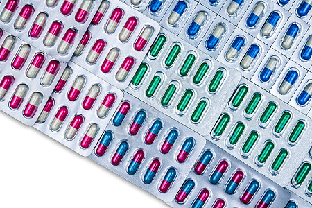泡罩包装中五颜六色的胶囊药丸的顶部视图 上面有漂亮的图案 医药包装 感染性疾病的药物 抗生素用药合理搭配 耐药性宏观抗菌剂抗生素图片