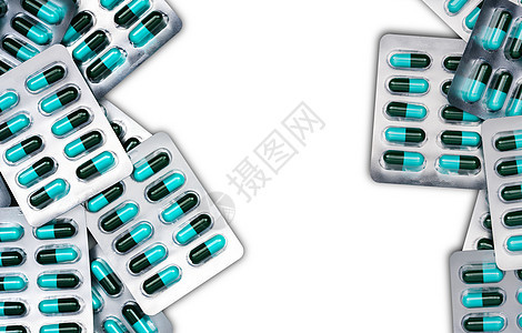 蓝色和绿色抗生素胶囊药丸在白色背景上与复制空间隔离的泡罩包装的顶部视图 抗菌药物耐药与合理用药观念团体感染胶囊药品抗生素处方绿色图片