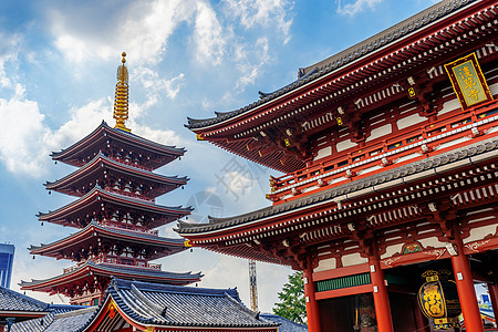 在日本东京浅草的森素二寺建筑蓝色日落景观宗教首都城市神社崇拜戏剧性图片