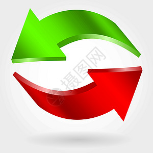 反红箭和绿箭 摄影现实的三维插图 交换和回收符号阴影指针橙子金融运动反光绿色蓝色白色圆圈图片