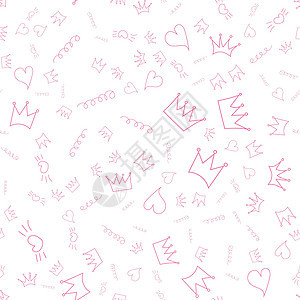 无缝模式 白色背景上的皇冠和粉红色的心草图卡片奢华打印收藏城堡派对君主喜悦女王图片