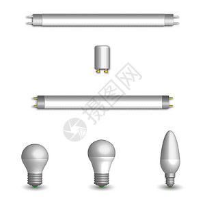 在 3D 矢量图中设置不同的 LED 和荧光灯泡绘画紫外线经济节能真实感活力技术日光标识起动机图片