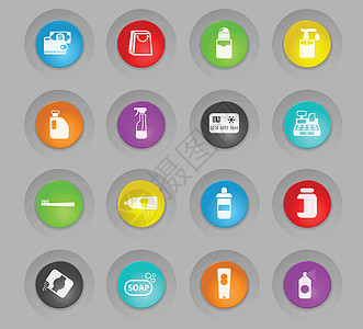 化学剂储存彩色塑料圆环按钮图标集肥皂刷子瓶子收银机凝胶奶油方法信用卡银行粉末图片