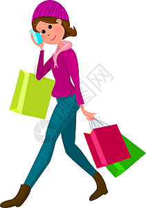 携带购物袋的年轻妇女插图针织帽购物者礼物购物卡通片女人味幸福衣服绿色图片