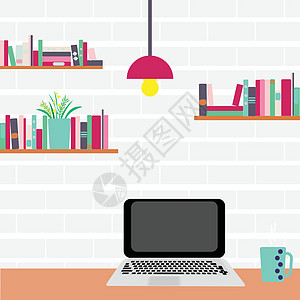 职场 砖墙上的计算机和书架房间图书馆杯子架子技术屏幕监视器风格学生桌面图片