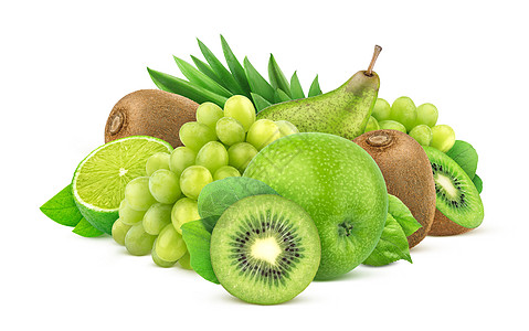 在白色背景中孤立的绿色水果和浆果图片