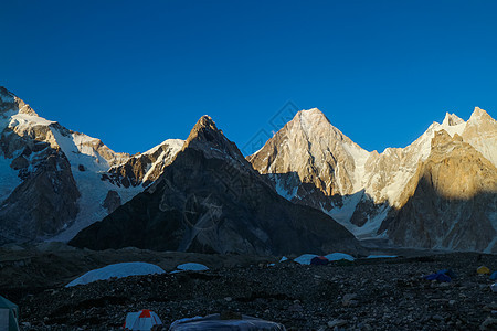 和Baltoro冰川 K2基地营地 巴基斯坦蓝色首脑日落日出天空地块登山帐篷晴天风景图片