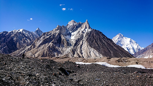 Gasherbrum山群和Mitre山峰 K2巴基斯坦吉尔吉特Baltistan天空顶峰石头斜峰首脑旅行岩石风景冰川蓝色图片